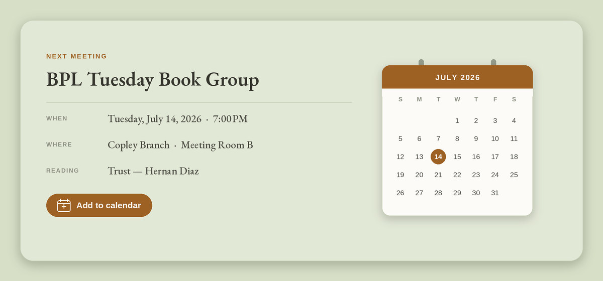 A book-club meeting with a date, time, and location, and a button to add it to your calendar.