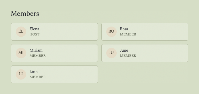 A Viraldico club roster showing members by name and role, with no email addresses displayed.