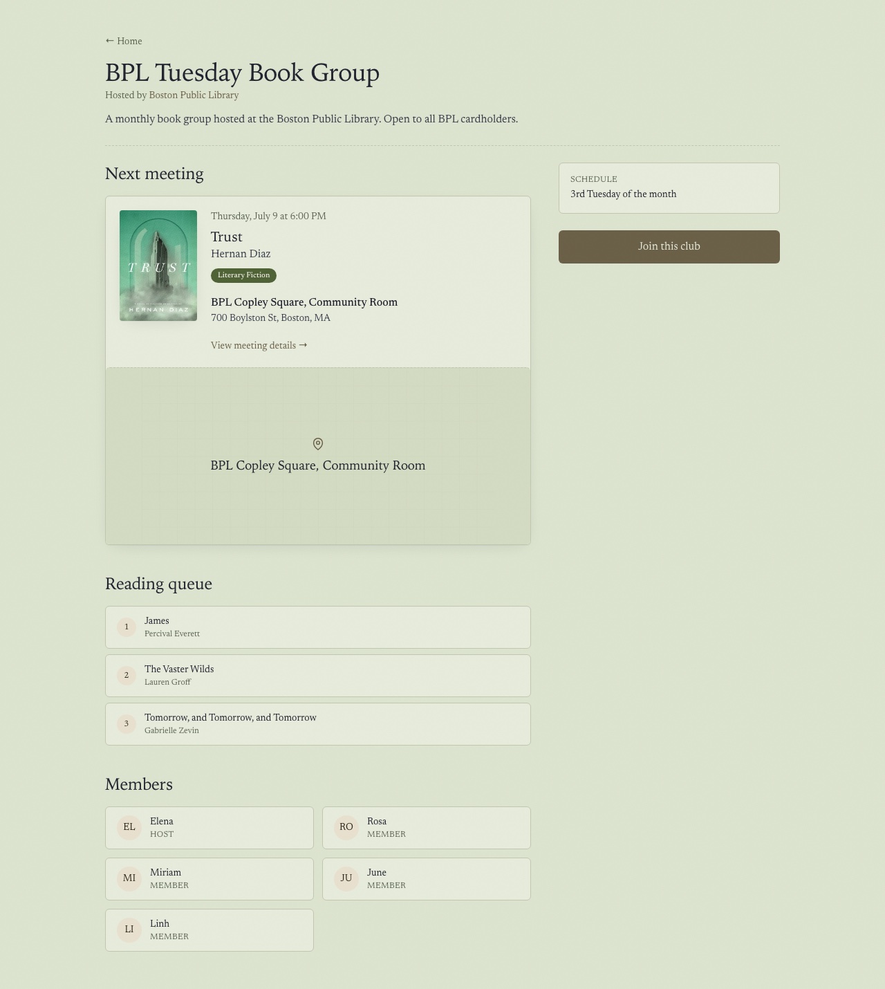 A club page in Viraldico: the next meeting with its date and place, the current book, the reading queue, and the member roster shown by name.